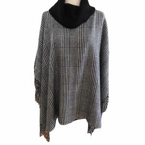 Talbots Black & White Plaid Ribbed knit Poncho w Black knit Cowl Neck NEW sz M/L